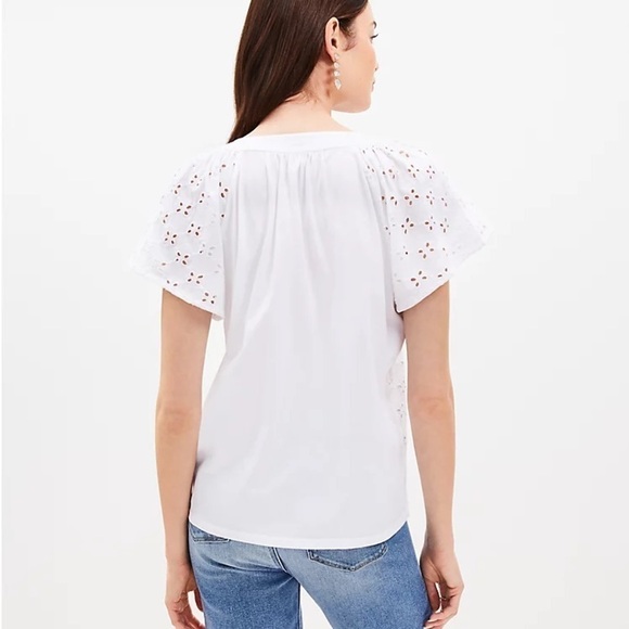 Loft White Eyelet Lace Short Sleeve Cotton Split Neck Flowy Knit Loose Fit Top - Picture 2 of 6